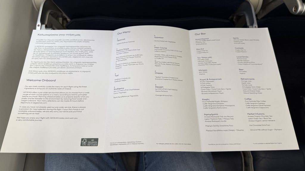 Aegean Airbus A321neo Menu