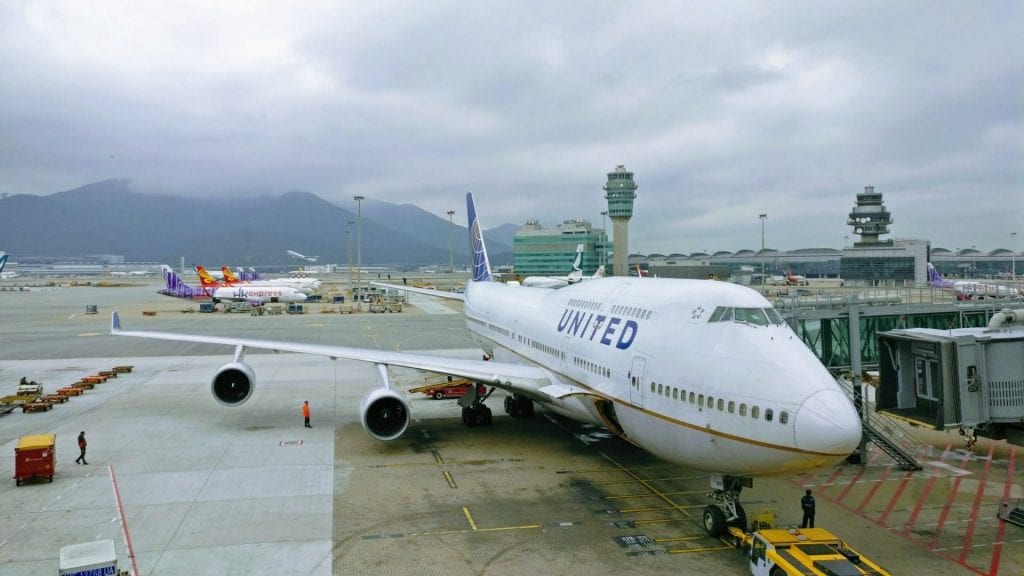 United Airlines Boeing 747 Hong Kong Airport