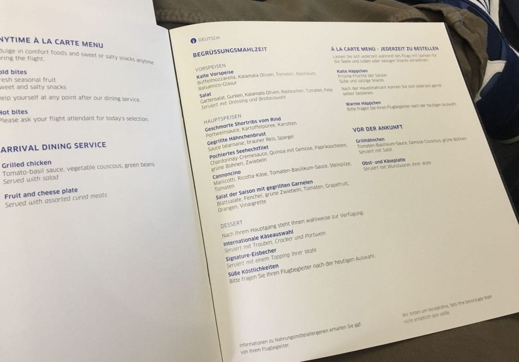 United Polaris Business Class Boeing 767 Essen Menü