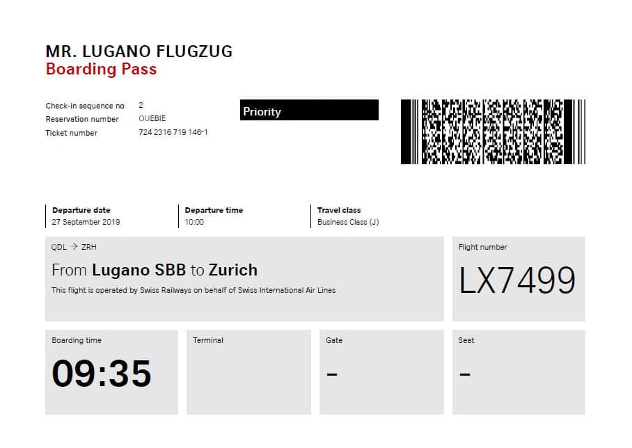 Swiss Flugzug Lugano Zürich Business Class Boarding Pass