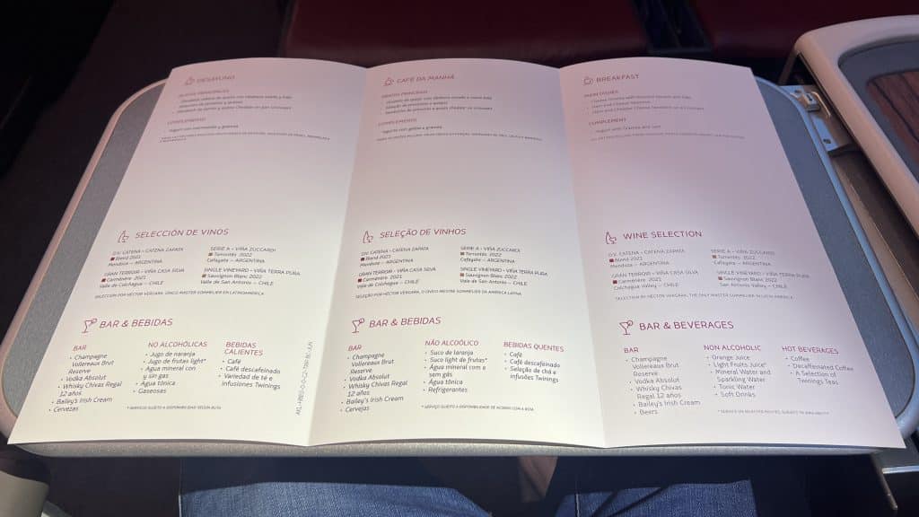 LATAM Business Class Boeing 787 Menu