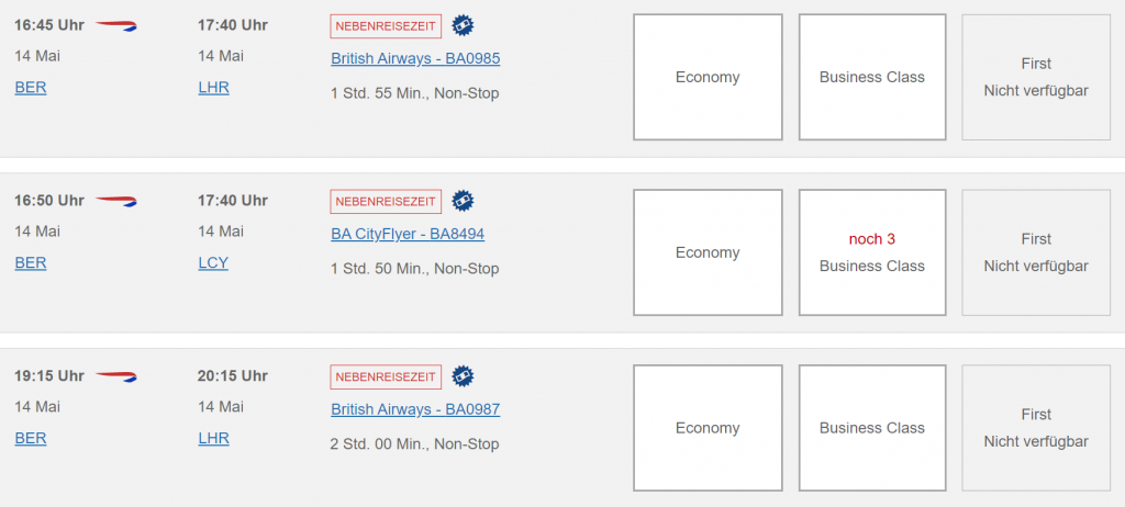 Avios Verfügbarkeiten BER LCY