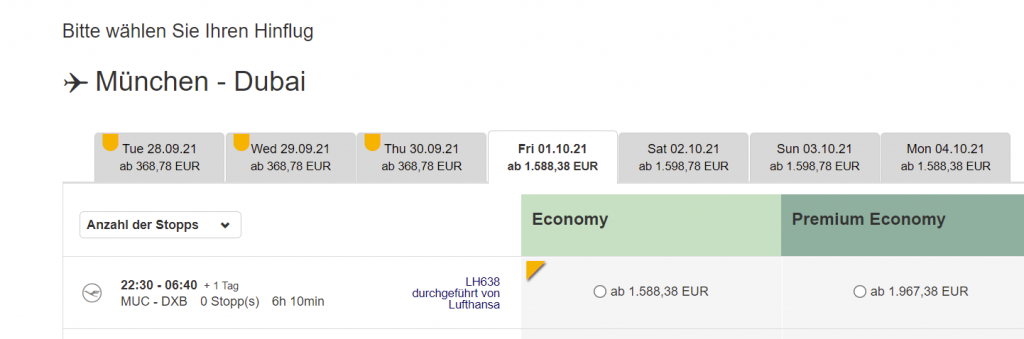 Lufthansa-Flug nach Dubai am 1.10.2021