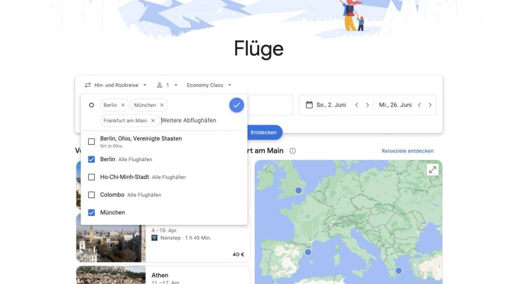 Alleine die Möglichkeit, mehrere Flughäfen auf einmal auszuwählen, macht Google Flights sehr empfehlenswert