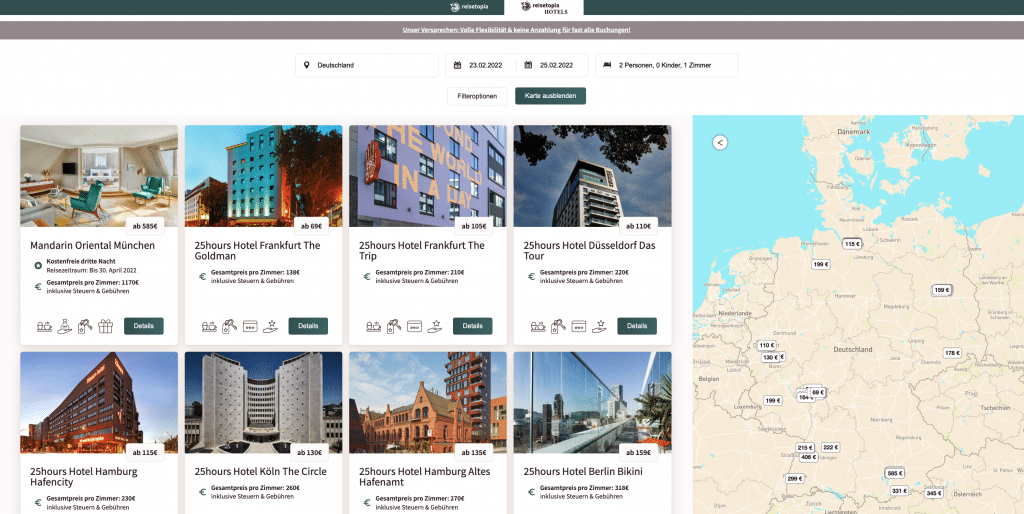 Reisetopia Hotels Suche und Kartenansicht