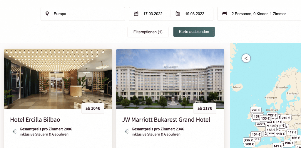 Filteroptionen reisetopia Hotelsuche Loyalitätsprogramm Marriott Bonvoy