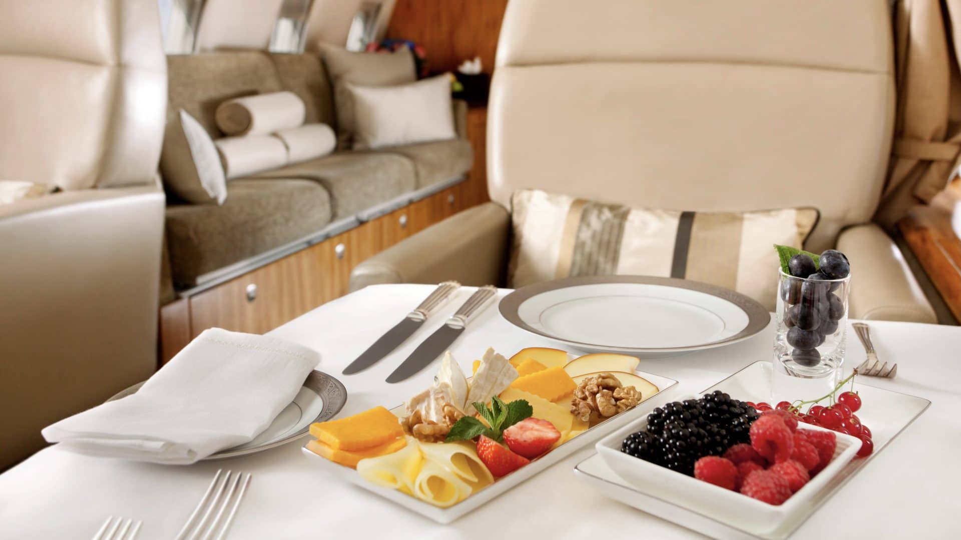 Food Served On Board Of Business Class Airplane.