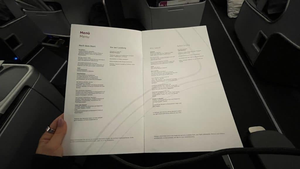 Menue Eurowings Discover Business Class Airbus A330
