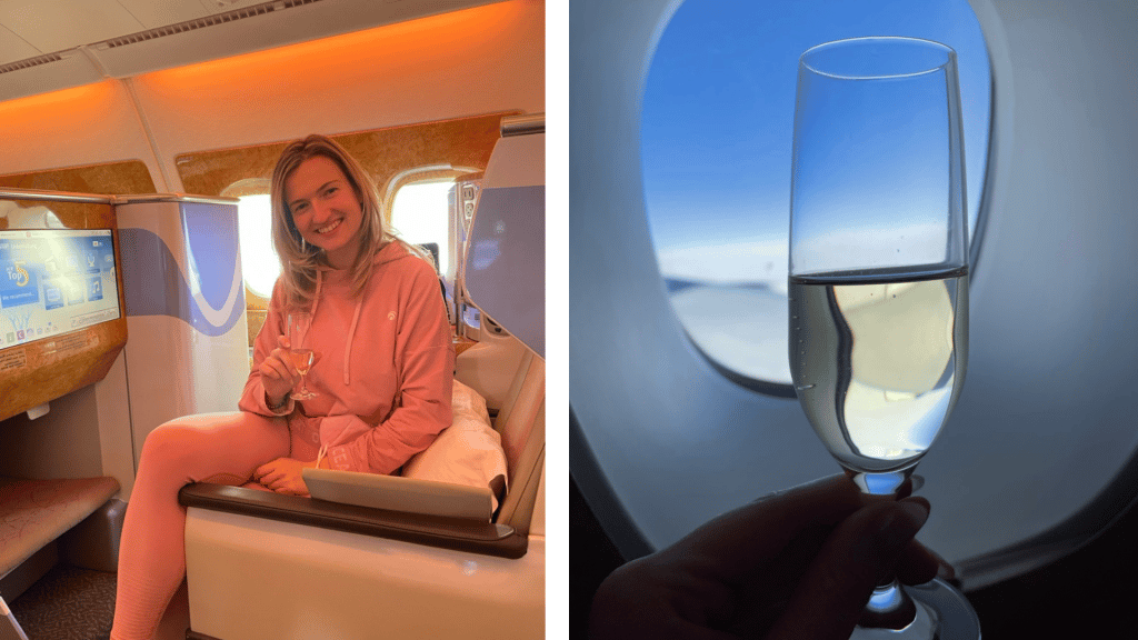 Emirates Business Class Airbus A380 Dubai Frankfurt Champagner