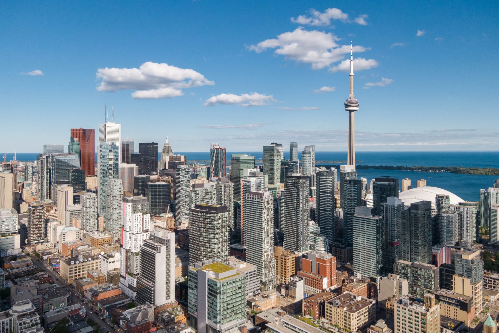 Toronto, Ontario, Canada, Aerial View Of Toronto Cityscape Showing Landmark Buildings In The Financial District