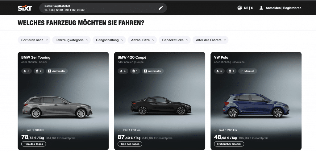 Die Fahrzeugauswahl auf der SIXT Webseite