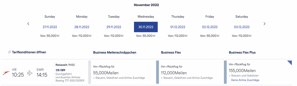 Screenshot Meilenschnäppchen Austrian August 2022