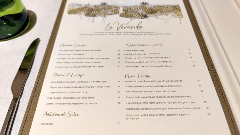 Speisekarte im Restaurant La Veranda Grand-Hotel du Cap-Ferrat Four Seasons