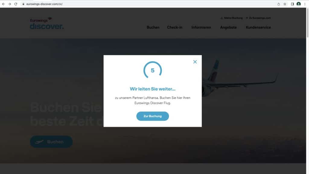 Bildschirmfoto von der Weiterleitung von Eurowings Discover auf die Buchungsstrecke von Lufthansa