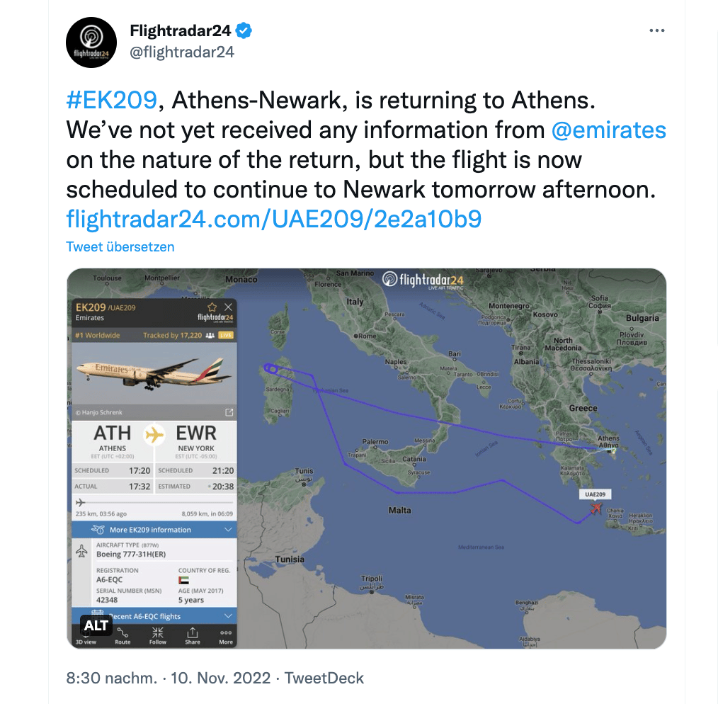 Tweet von Flightradar24 zum Flug EK 209
