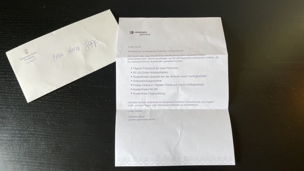 Kempinski Hotel Frankfurt Gravenbruch Welcome Letter