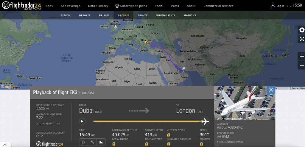 Flightradar24 A6-EVM Airbus A380 Emirates Dubai-London