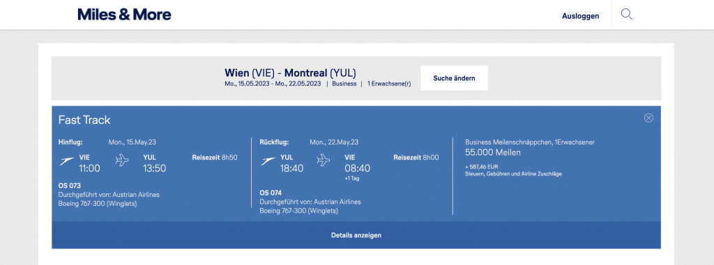 Miles & More Meilenschnäppchen Austrian Airlines Montreal Verfügbarkeiten