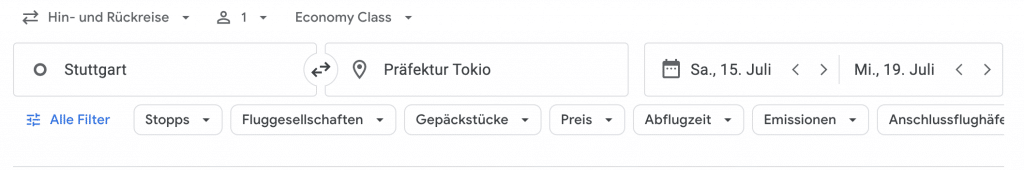 Google Flights Filter Optionen