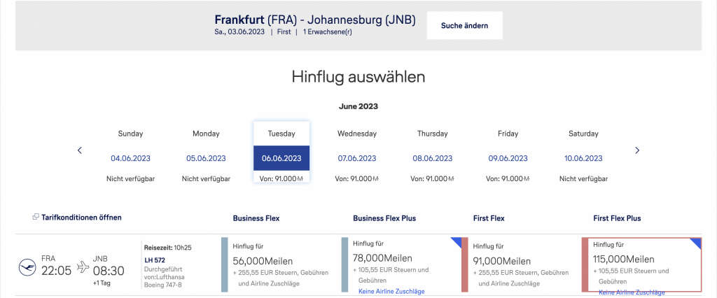 Lufthansa Frankfurt Johannesburg Verfügbarkeiten Flex Tarif 