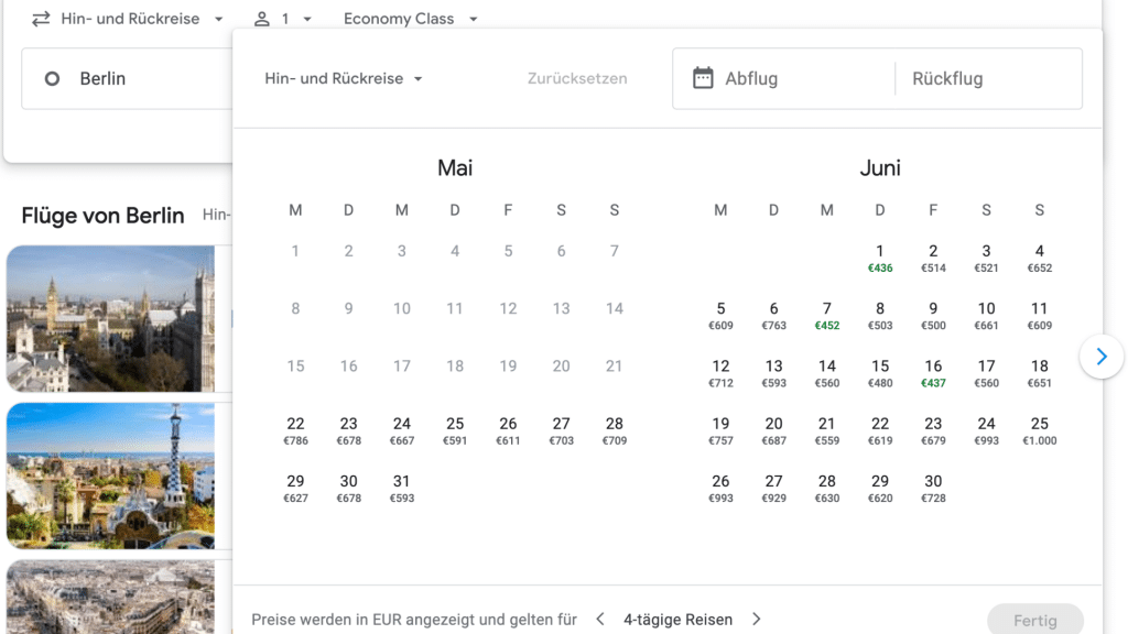 Google Flights Kalenderansicht