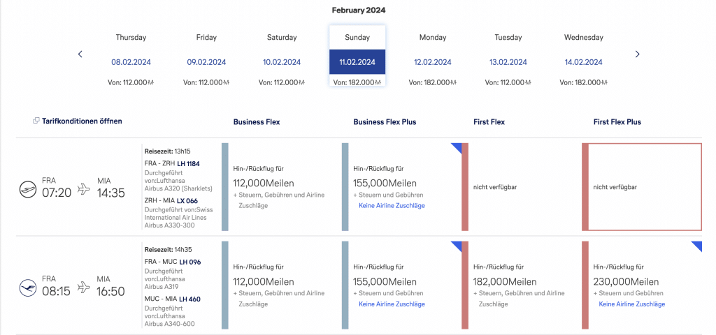 Frankfurt Miami First Class Verfügbarkeiten Swiss
