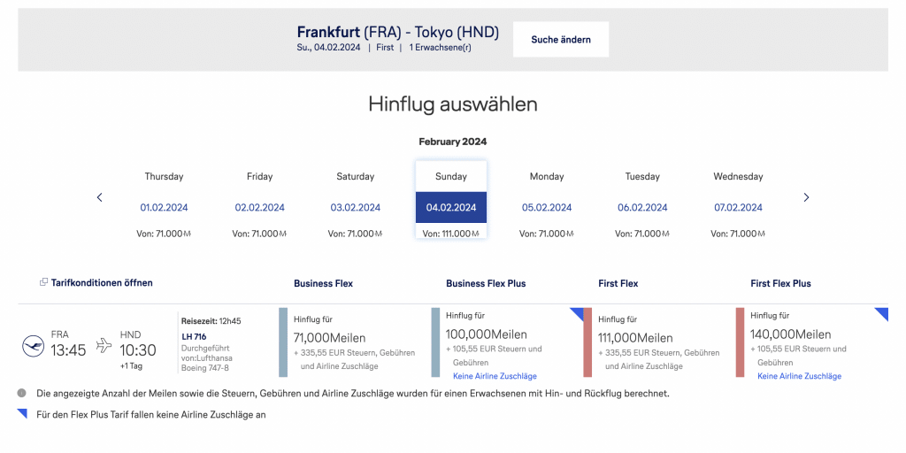 Frankfurt Tokio Haneda Lufthansa First Class Steuern und Gebühren