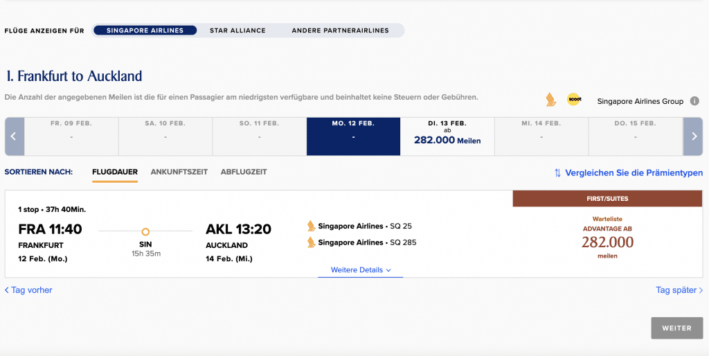Singapore Airlines KrisFlyer Verfügbarkeiten First Class Frankfurt nach Auckland