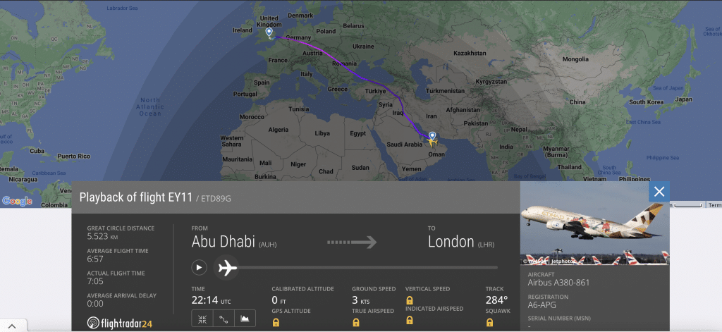 Screenshot flightradar24 Etihad London A380