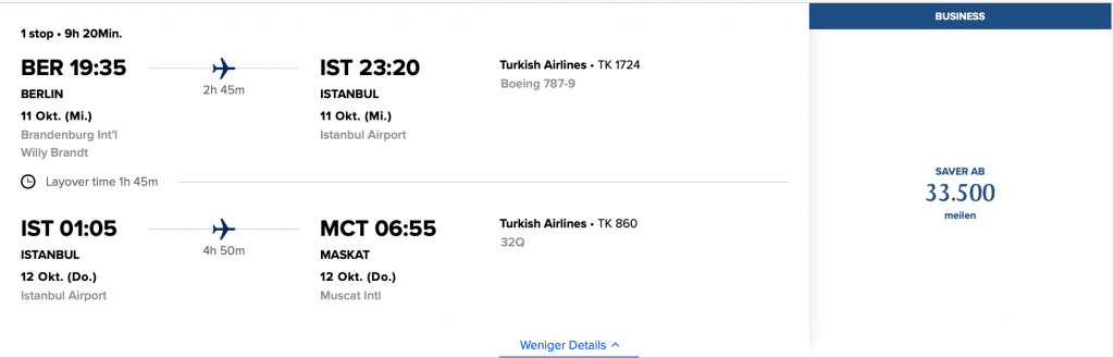 KrisFlyer Buchung Turkish Airlines