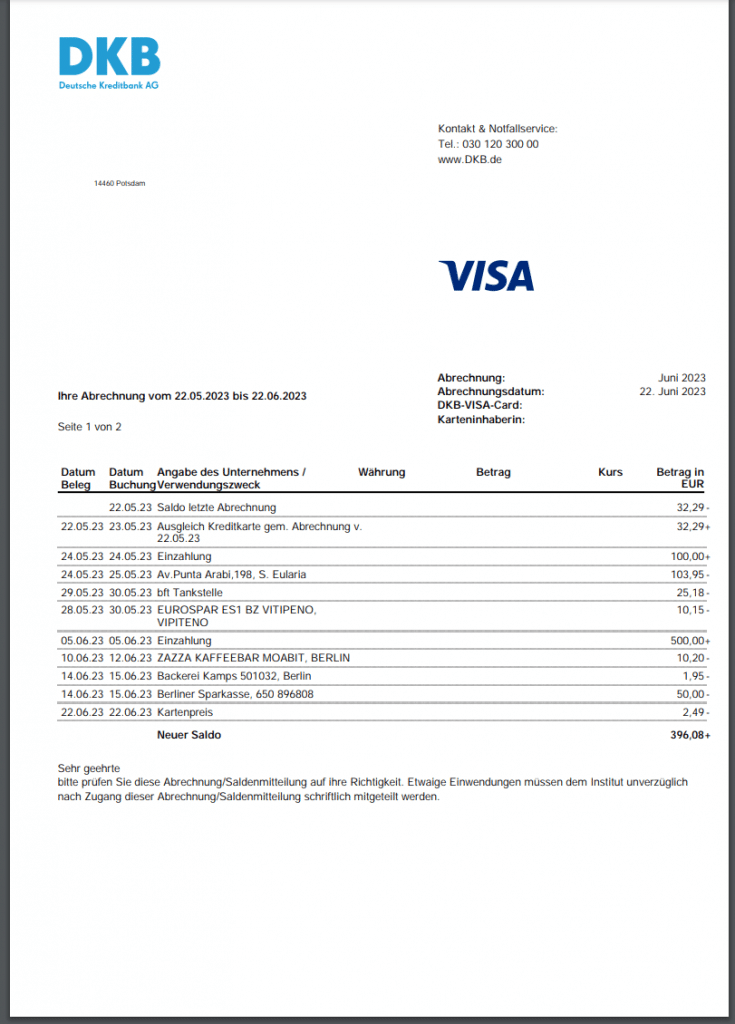 Dkb Visa Kreditkartenabrechnung Beispiel 1
