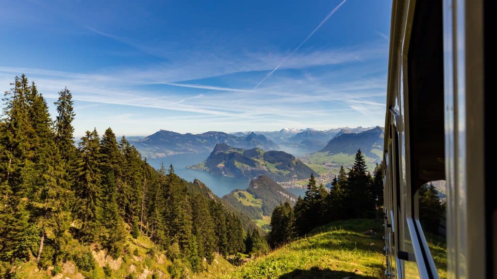 Personal Perspective Of Cogwheel Train passing by Scenic Landscape, Mount Pilatus, Switzerland
