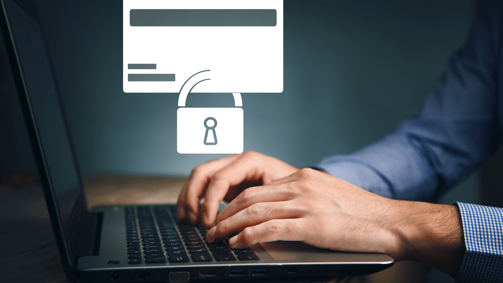 Symbolic card with lock, laptop in the background