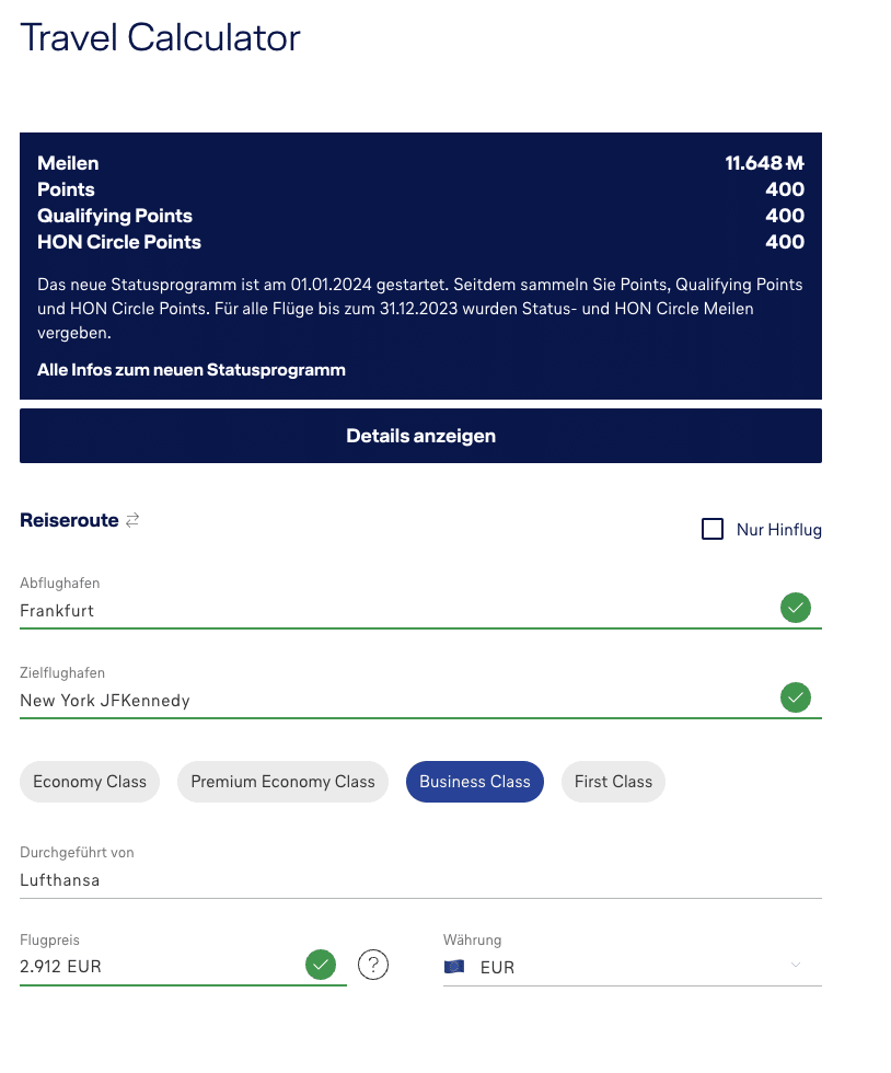 Meilengutschrift Lufthansa BER JFK Example