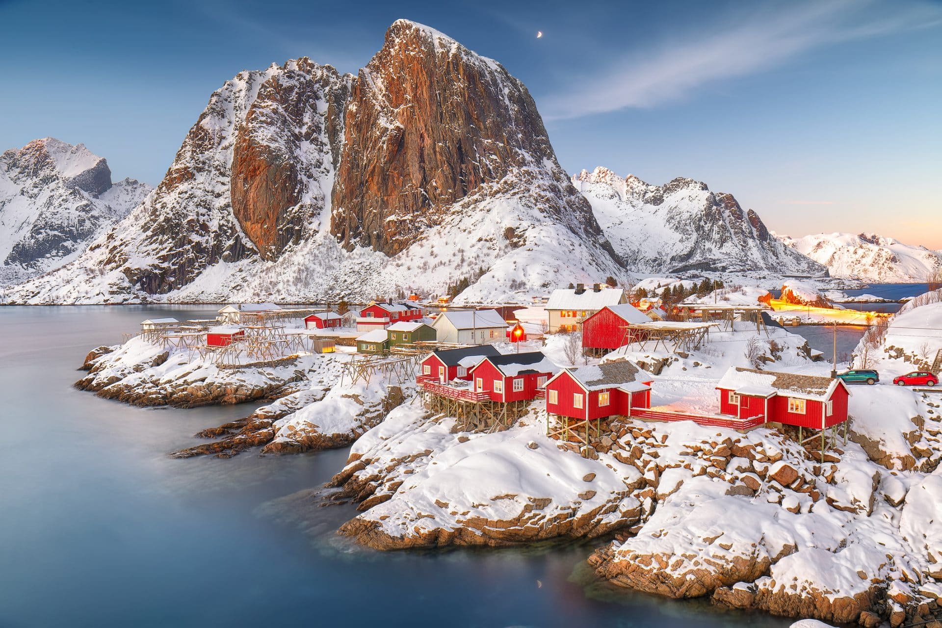 Outstanding Sunset Winter View On Hamnoy Village And Festhaeltinden Mountain On Background.
