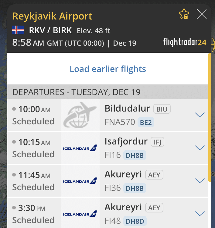 Departures Reykjavik Dez 19