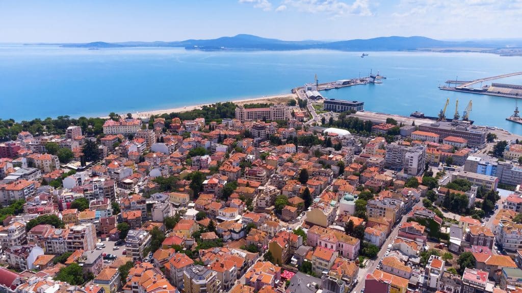 Aerial View Of City Of Burgas, View Of Burgas Bay And The Seaport Of Burgas, Bulgaria