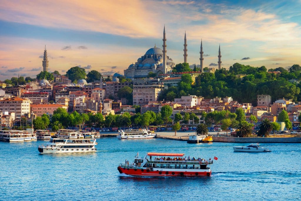 Touristic Sightseeing Ships In Istanbul City, Turkey.
