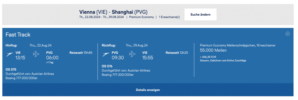Meilenscnäppchen Shanghai Austrian Airlines 