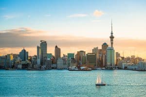 2018, JAN 3 Auckland, New Zealand, Panorama View, Beautiful Landcape Of The Building In Auckland City Before Sunset. View From Cyril Bassett VC Lookout.