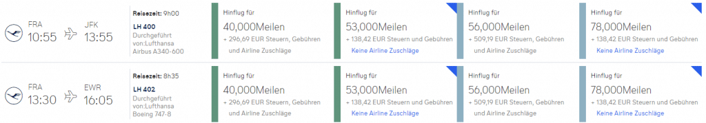 Lufthansa Prämienticket Frankfurt New York Zuschläge bis 2025