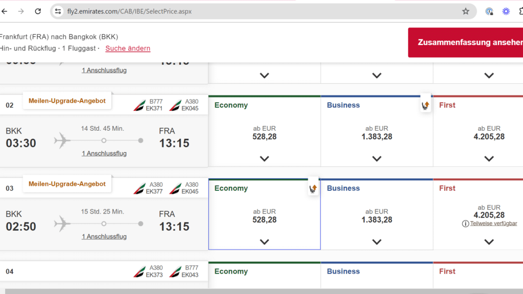 Emirates Verfügbarkeit Upgrades