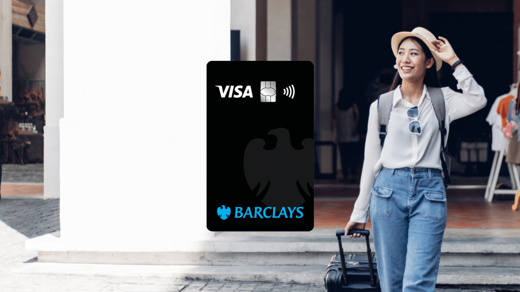 Barlays Visa card in the foreground, a woman traveling in the background