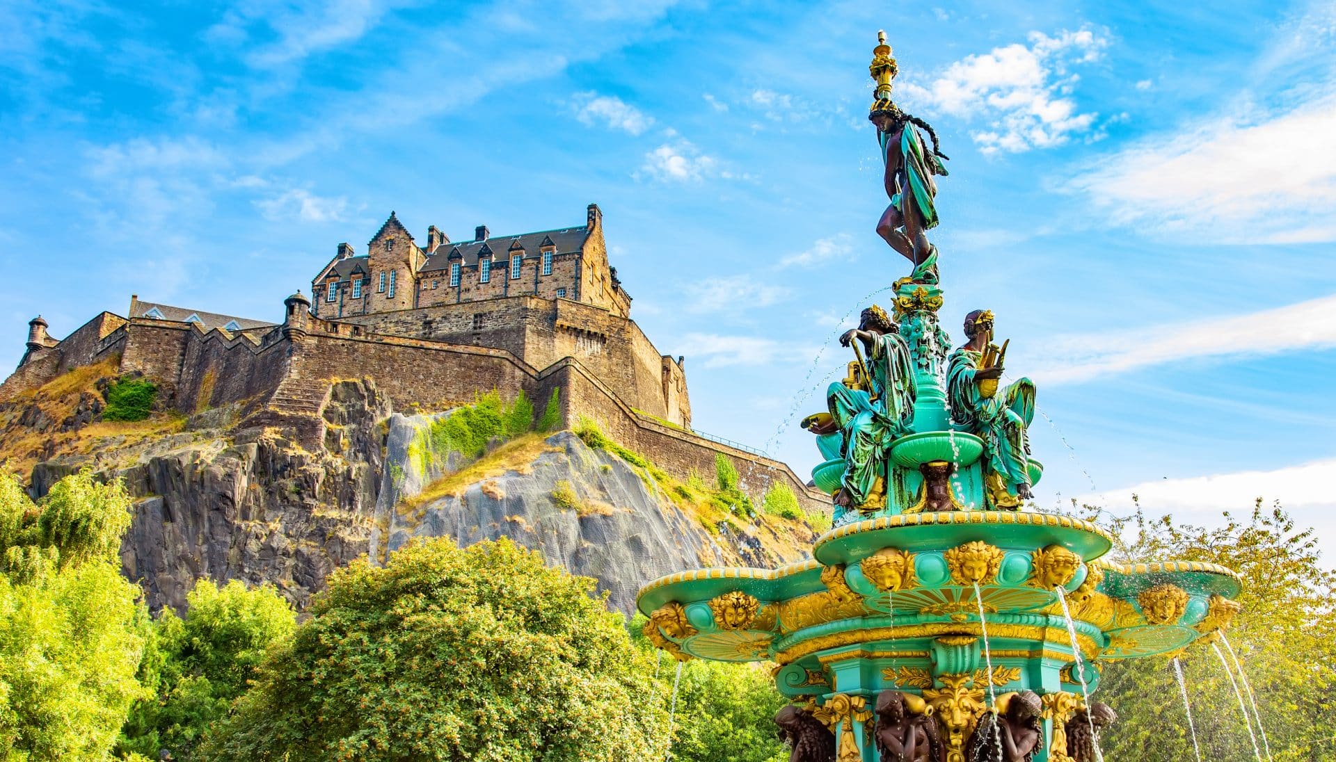 Edinburgh Old Town Skyline And Ross Fountain, Scotland