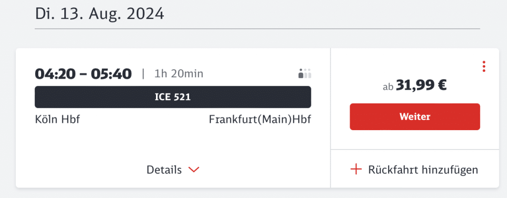 Screenshot vom Buchungsportal der Deutschen Bahn