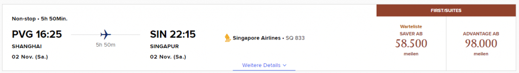 Verfügbarkeiten ohne Warteliste in der Singapore Airlines Suites Class