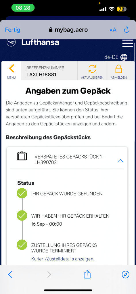 Lufthansa Gepäckverspätung Statusinformation