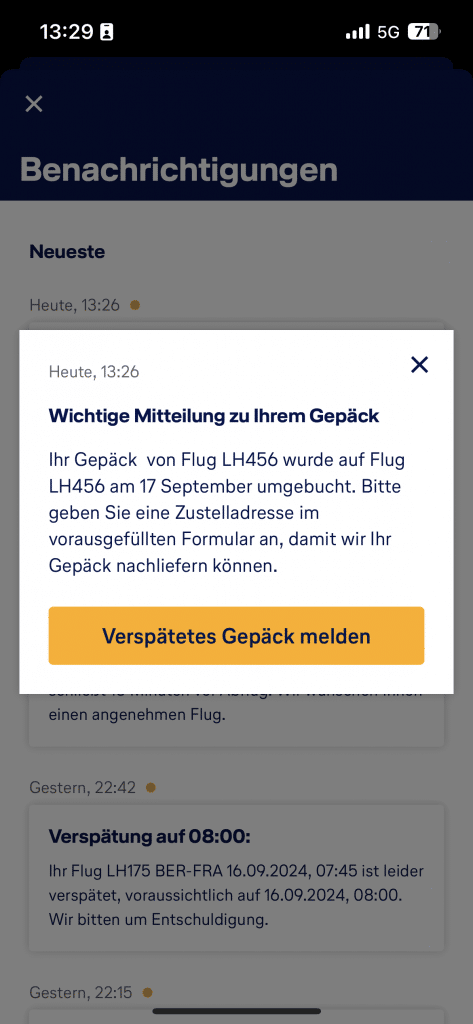 Nachricht Gepäck Umbuchung Lufthansa