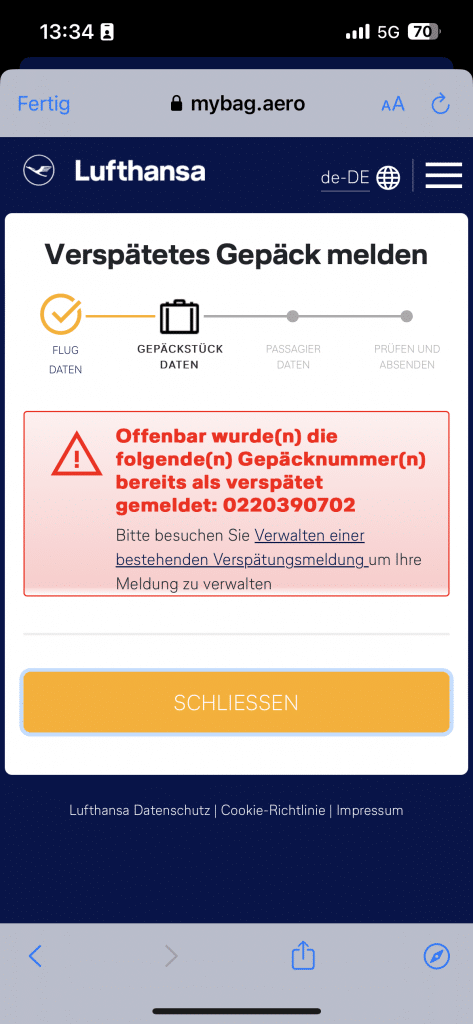 Probleme Meldung Verspätetes Gepäck Lufthansa