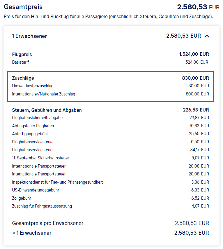 Beispiel Lufthansa Preisdetails